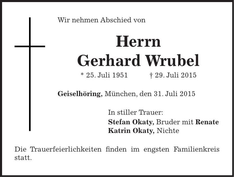 Traueranzeige Gerhard Wrubel