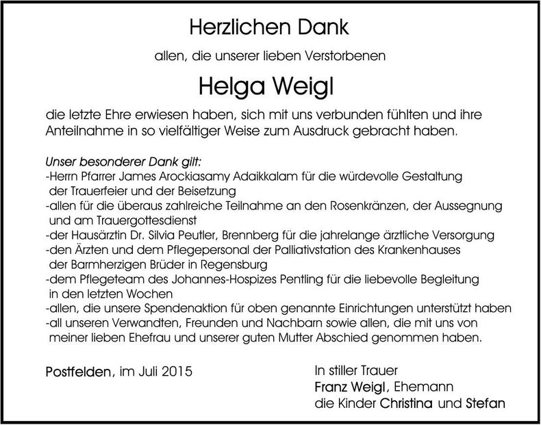 Traueranzeige Helga Weigl