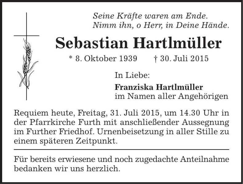 Traueranzeige Sebastian Hartlmüller