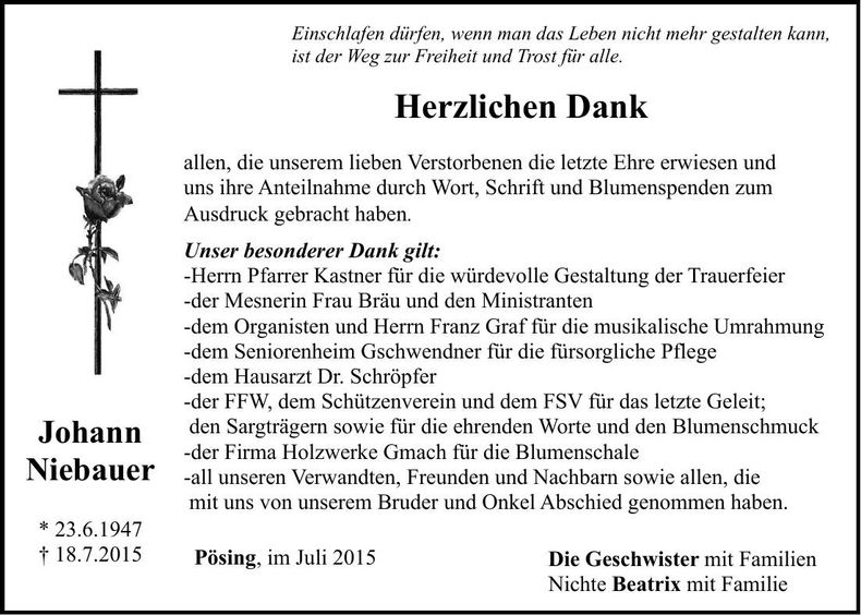 Traueranzeige Johann Niebauer