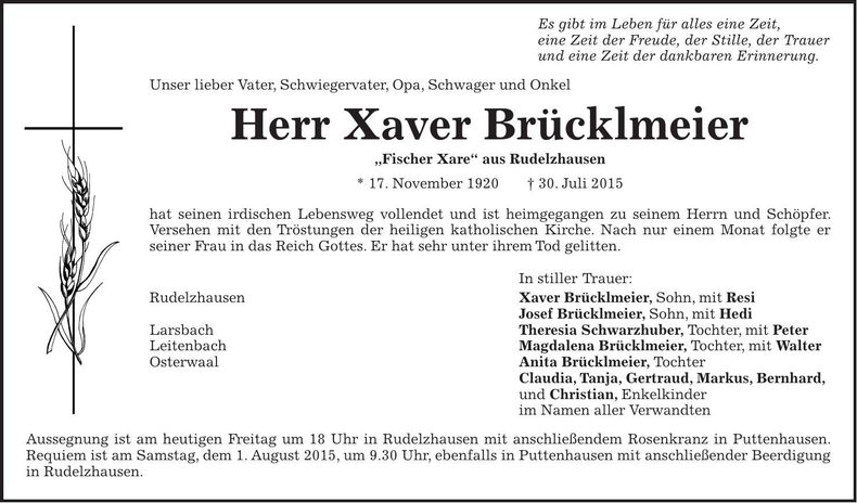 Traueranzeige Xaver Brücklmeier