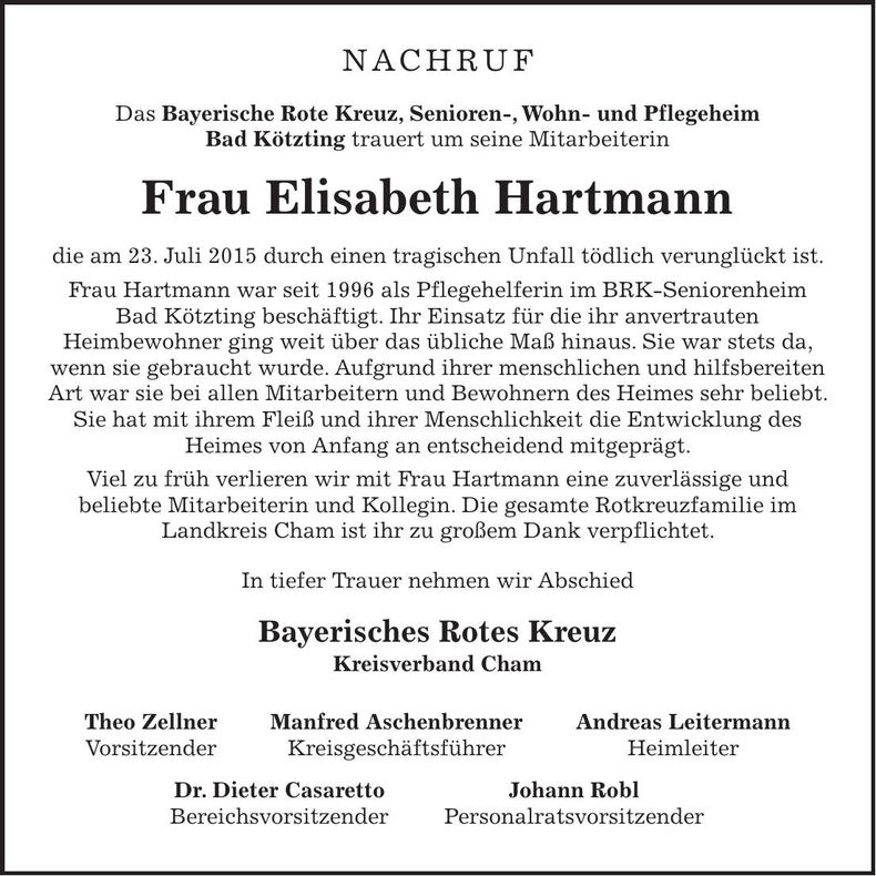 Traueranzeige Elisabeth Hartmann