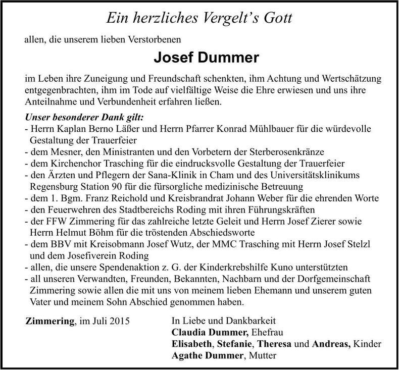 Traueranzeige Josef Dummer