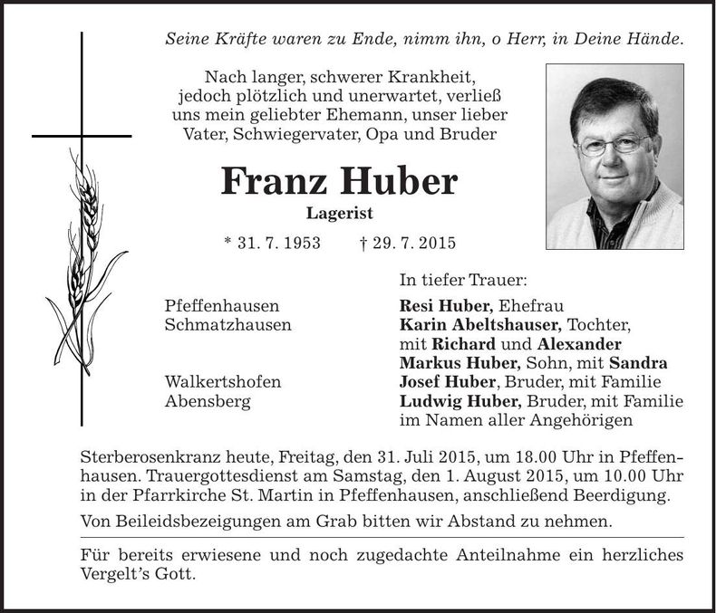 Traueranzeige Franz Huber
