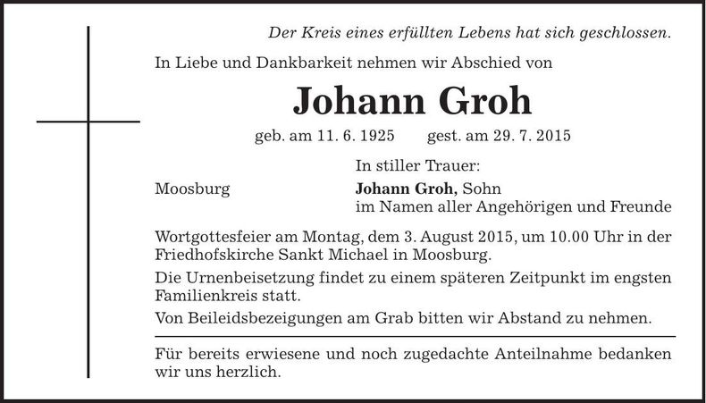 Traueranzeige Johann Groh