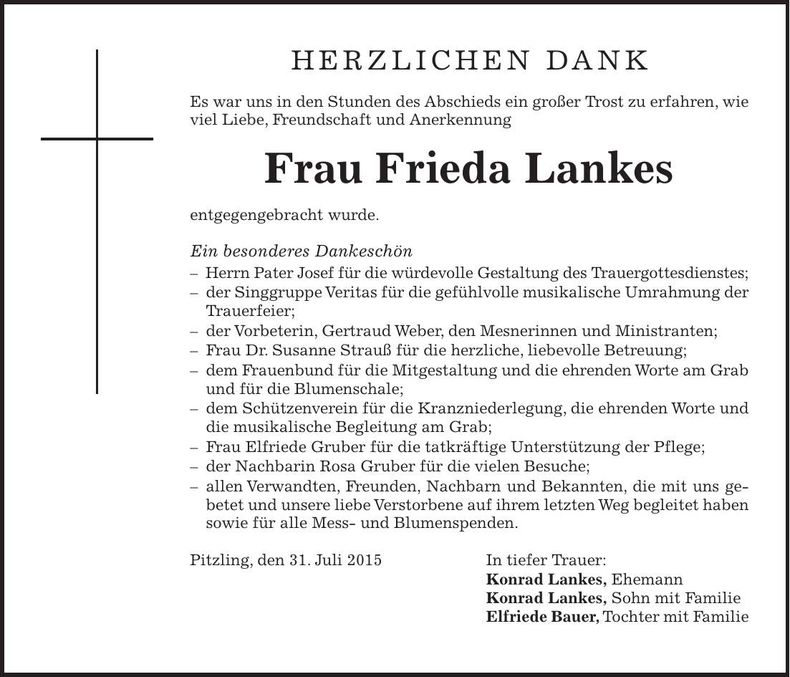 Traueranzeige Frieda Lankes
