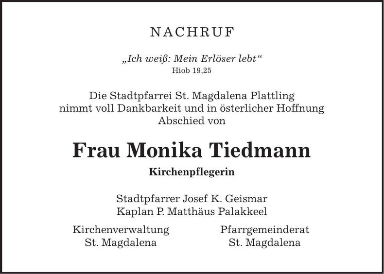 Traueranzeige Monika Tiedmann