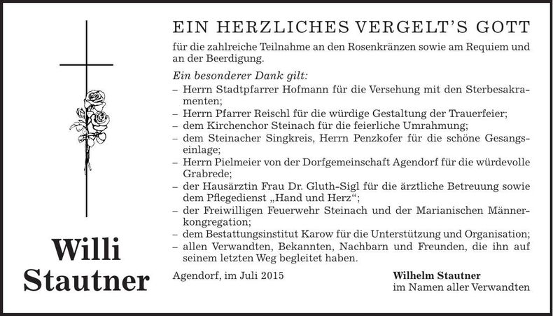 Traueranzeige Willi Stautner