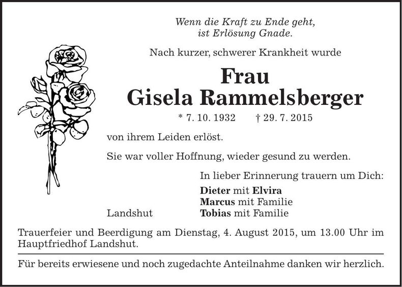 Traueranzeige Gisela Rammelsberger