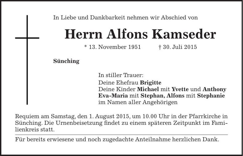 Traueranzeige Alfons Kamseder