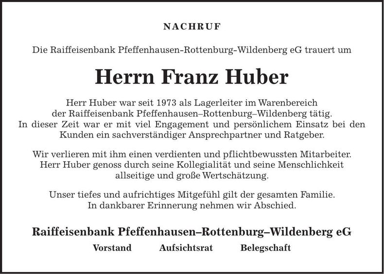Traueranzeige Franz Huber