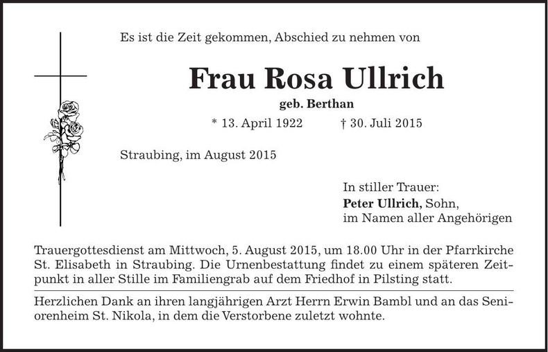 Traueranzeige Rosa Ullrich