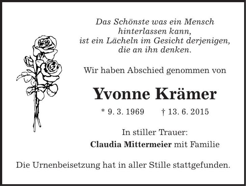 Traueranzeige Yvonne Krämer