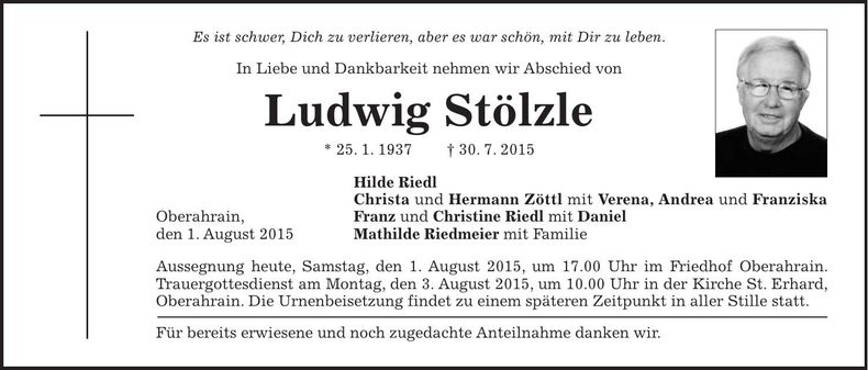 Traueranzeige Ludwig Stölzle