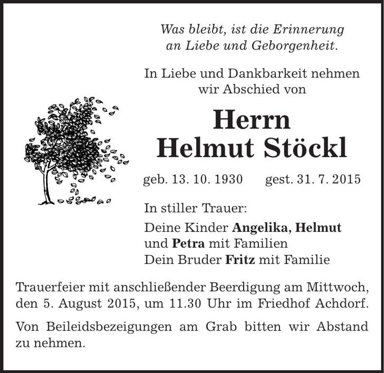 Traueranzeige Helmut Stöckl