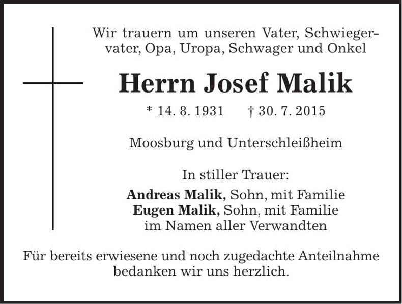 Traueranzeige Josef Malik