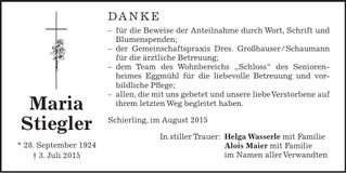 Traueranzeige Maria Stiegler