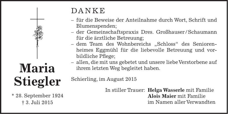 Traueranzeige Maria Stiegler