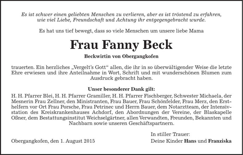 Traueranzeige Fanny Beck