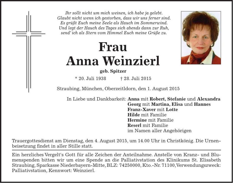 Traueranzeige Anna Weinzierl