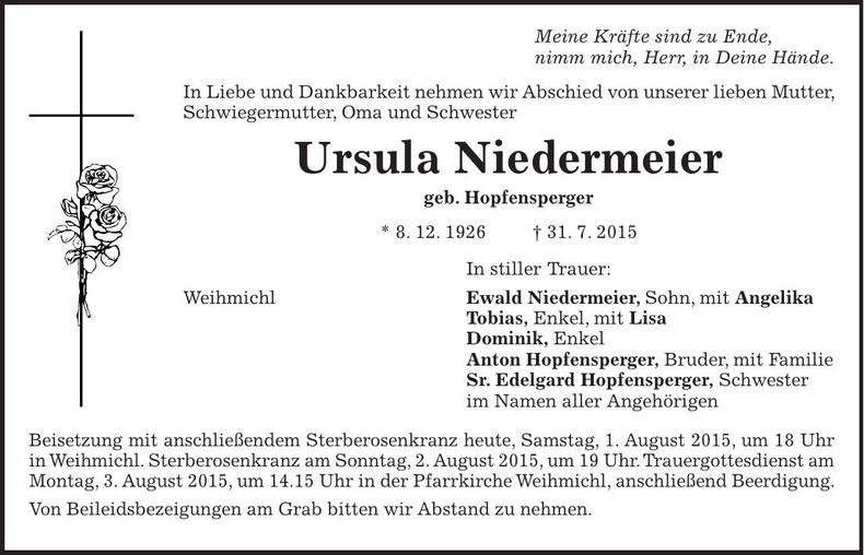 Traueranzeige Ursula Niedermeier