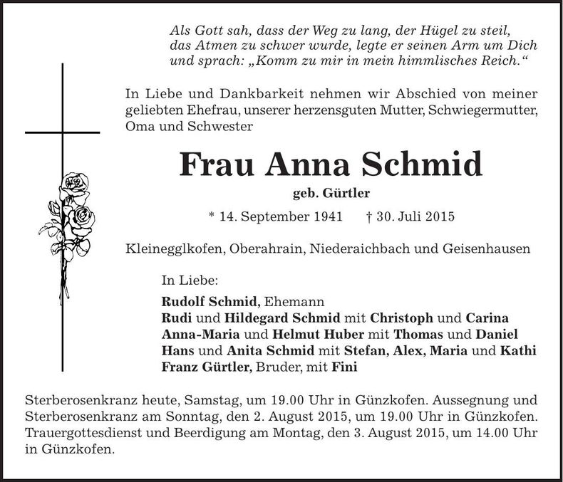 Traueranzeige Anna Schmid