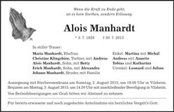 Traueranzeige Alois Manhardt