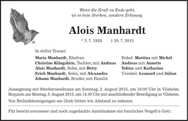 Traueranzeige Alois Manhardt