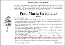 Traueranzeige Maria Geismeier