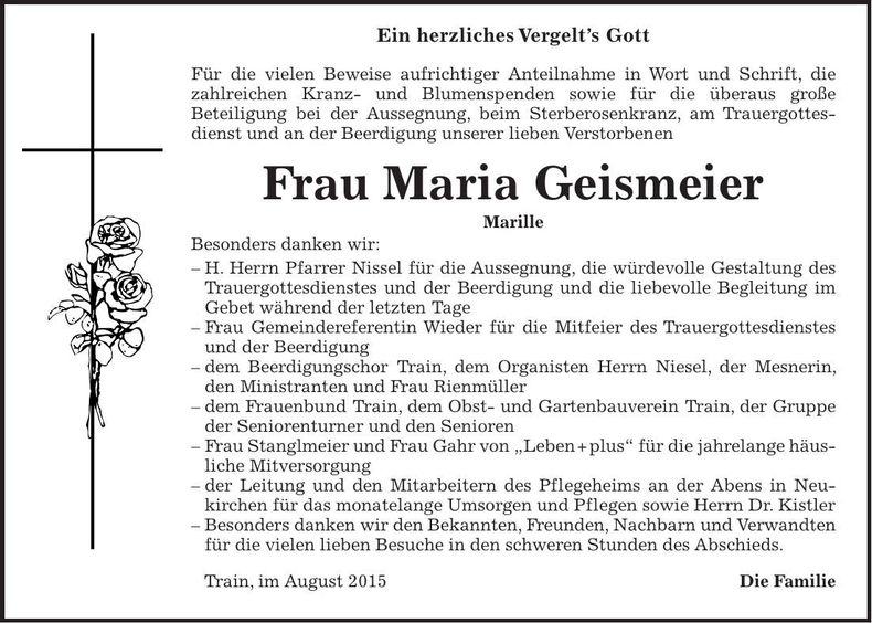 Traueranzeige Maria Geismeier
