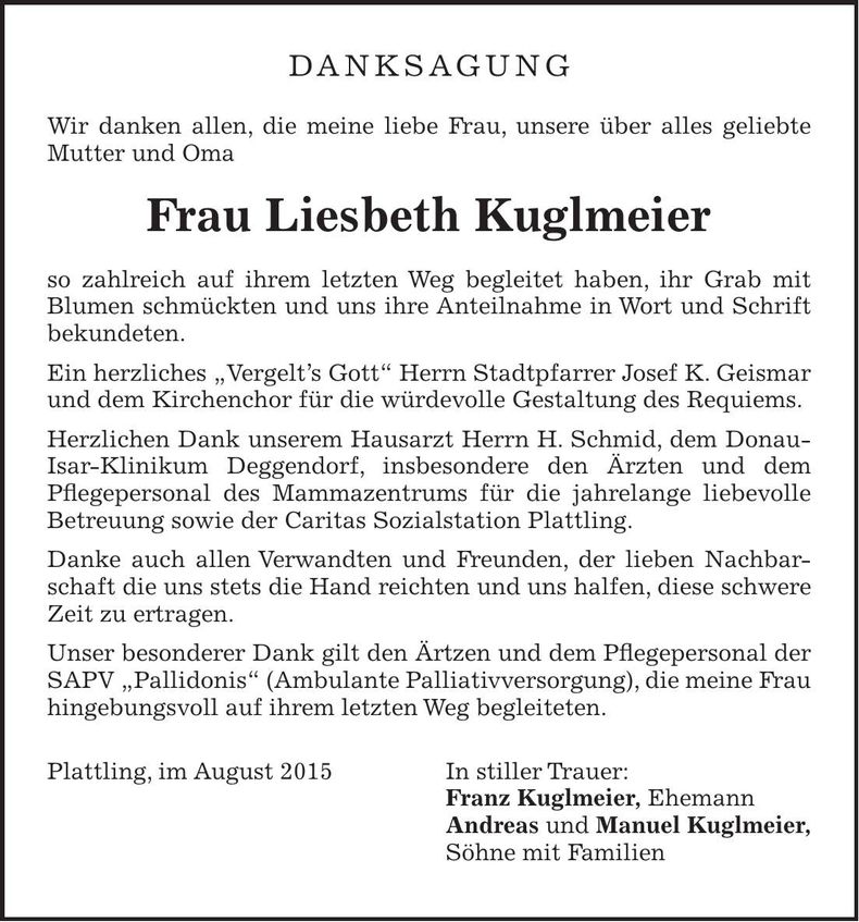 Traueranzeige Liesbeth Kuglmeier