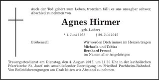 Traueranzeige Agnes Hirmer