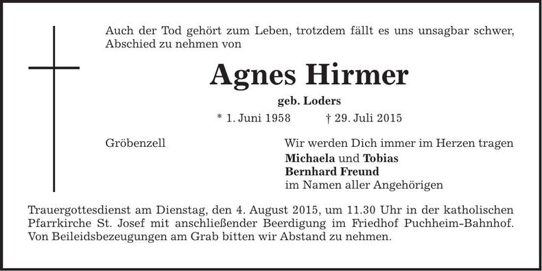 Traueranzeige Agnes Hirmer