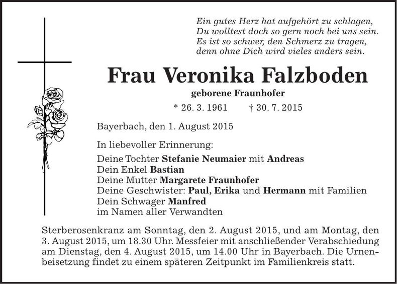 Traueranzeige Veronika Falzboden