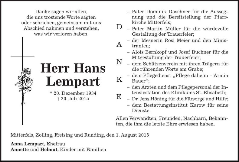 Traueranzeige Hans Lempart
