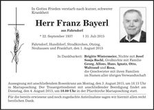Traueranzeige Franz Bayer