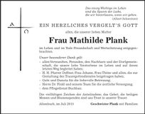 Traueranzeige Mathilde Plank