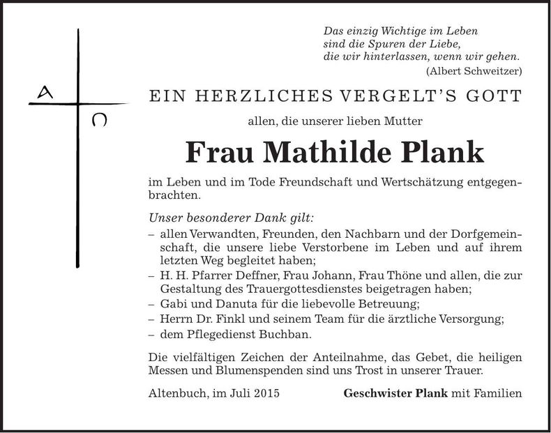 Traueranzeige Mathilde Plank