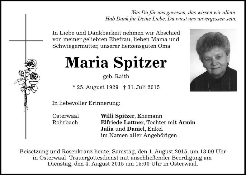 Traueranzeige Maria Spitzer