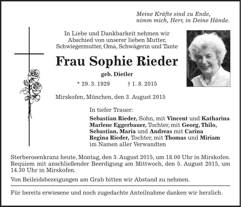 Traueranzeige Sophie Rieder