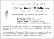 Traueranzeige Günter Mühlbauer