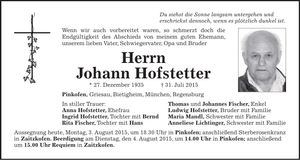 Traueranzeige Johann Hofstetter