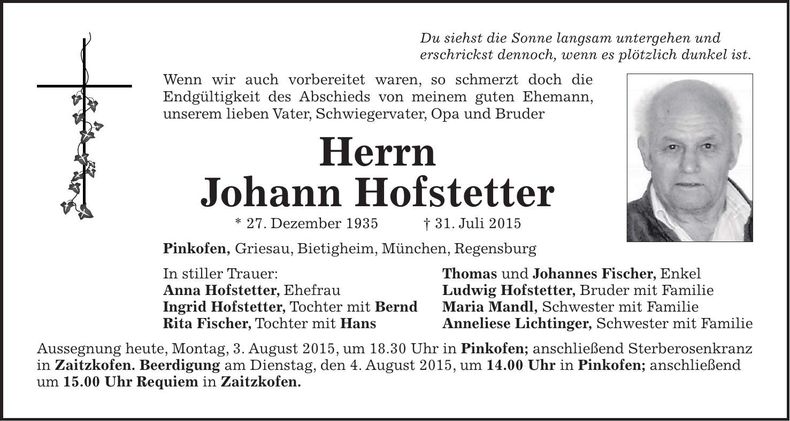 Traueranzeige Johann Hofstetter
