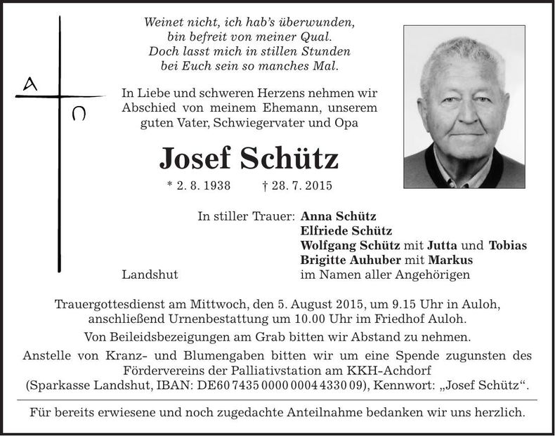 Traueranzeige Josef Schütz