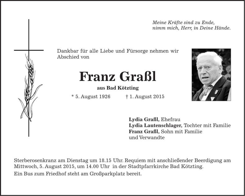 Traueranzeige Franz Graßl