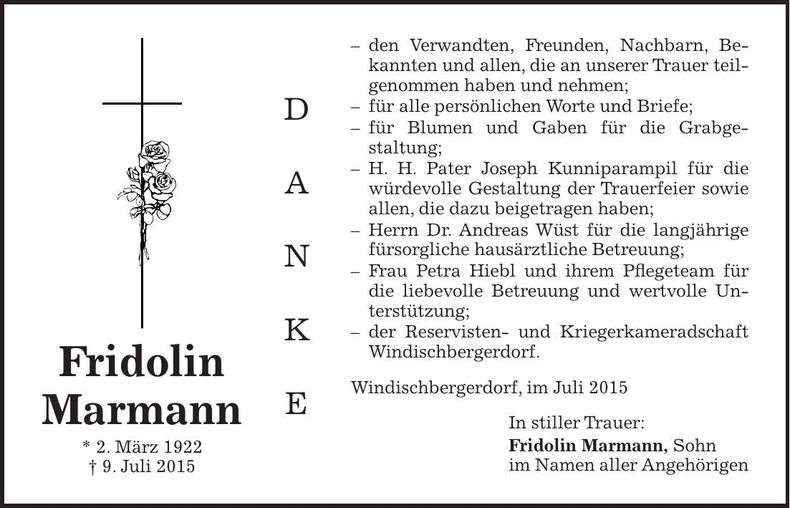 Traueranzeige Fridolin Marmann
