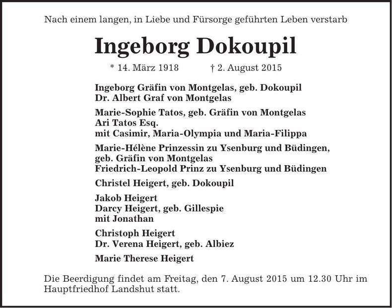 Traueranzeige Ingeborg Hedwig Luise Dokoupil
