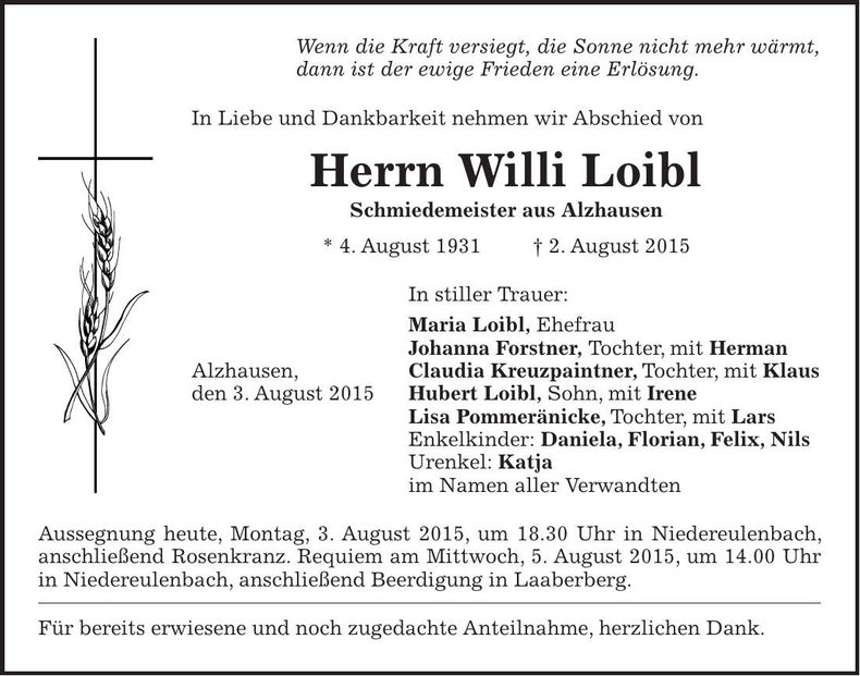 Traueranzeige Willi Loibl