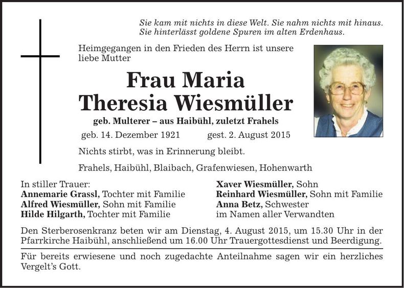 Traueranzeige Theresia Wiesmüller