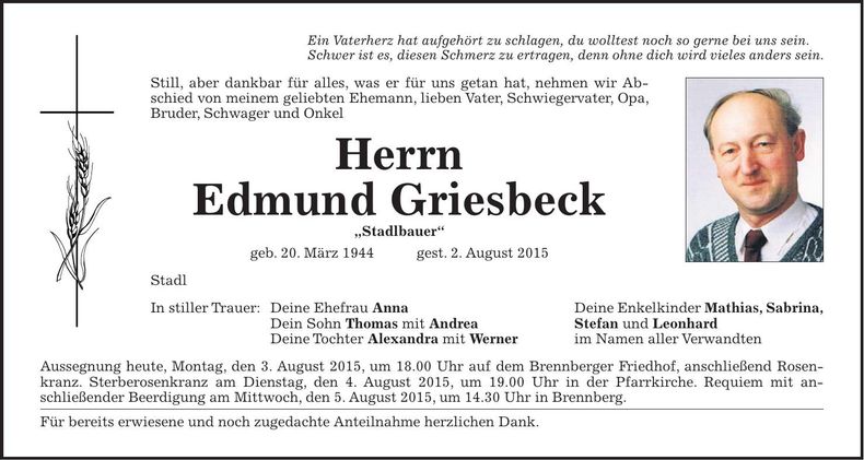 Traueranzeige Edmund Griesbeck